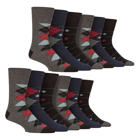12 Pairs Mens Cotton Socks | Patterned Soft Non-Binding Everyday Socks