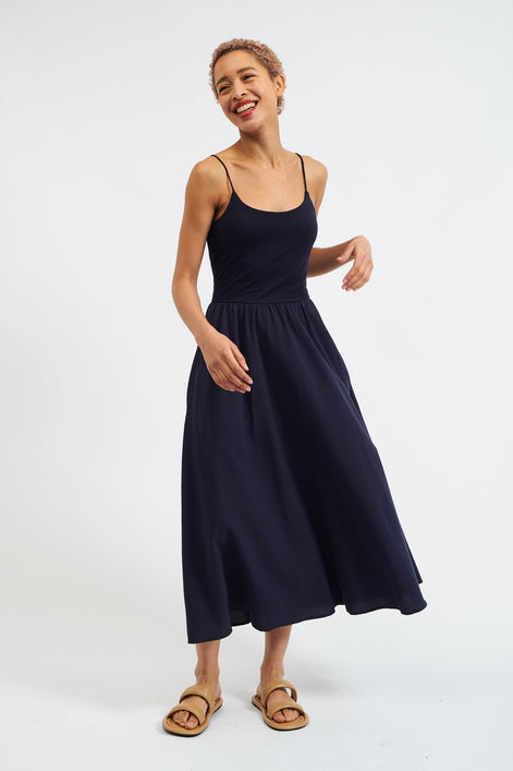 Soumia Jersey Bodice And Recycled Cotton Skirt Midaxi Dress - Navy