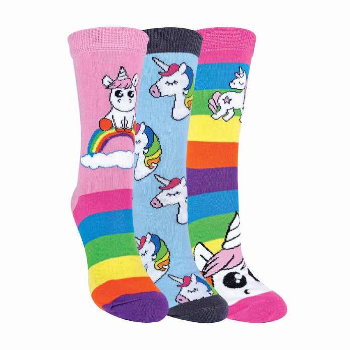 3 Pack Ladies Striped Colourful Novelty Rainbow Unicorn Socks
