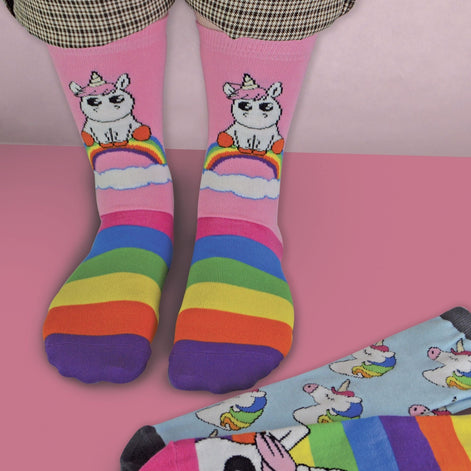 3 Pack Ladies Striped Colourful Novelty Rainbow Unicorn Socks
