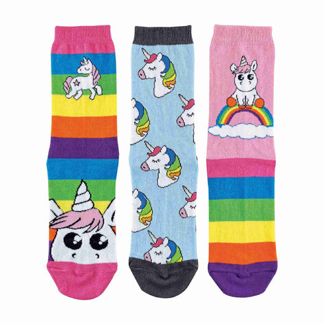 3 Pack Ladies Striped Colourful Novelty Rainbow Unicorn Socks