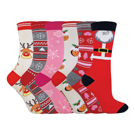 6 Pack Novelty Festive Ladies Christmas Socks