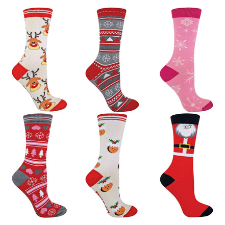 6 Pack Novelty Festive Ladies Christmas Socks
