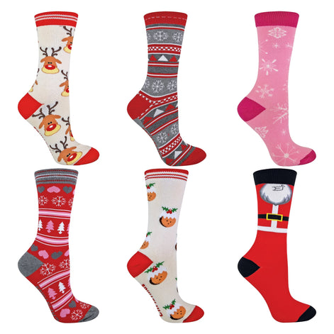 6 Pack Novelty Festive Ladies Christmas Socks