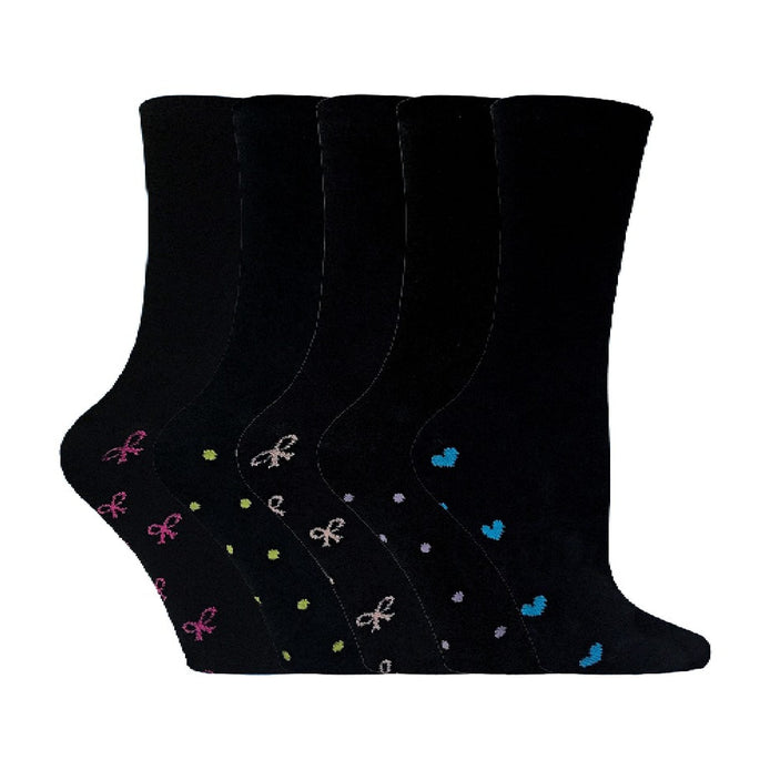 5 Pack Ladies Patterned Sole Cotton Rich Socks with Heart & Bow