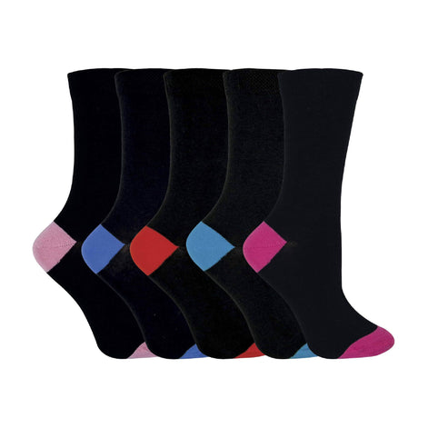 5 Pack Ladies Soft Top Cotton Rich Socks with Coloured Heel & Toe
