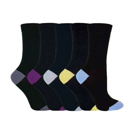 5 Pack Ladies Soft Top Cotton Rich Socks with Coloured Heel & Toe