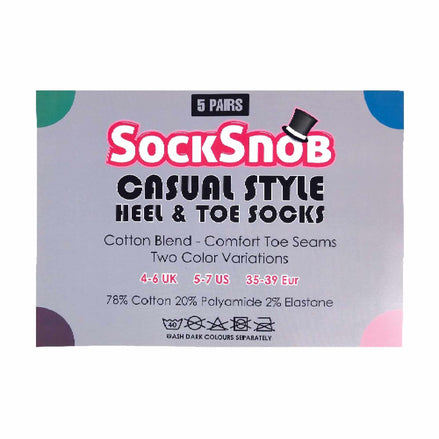 5 Pack Ladies Soft Top Cotton Rich Socks with Coloured Heel & Toe
