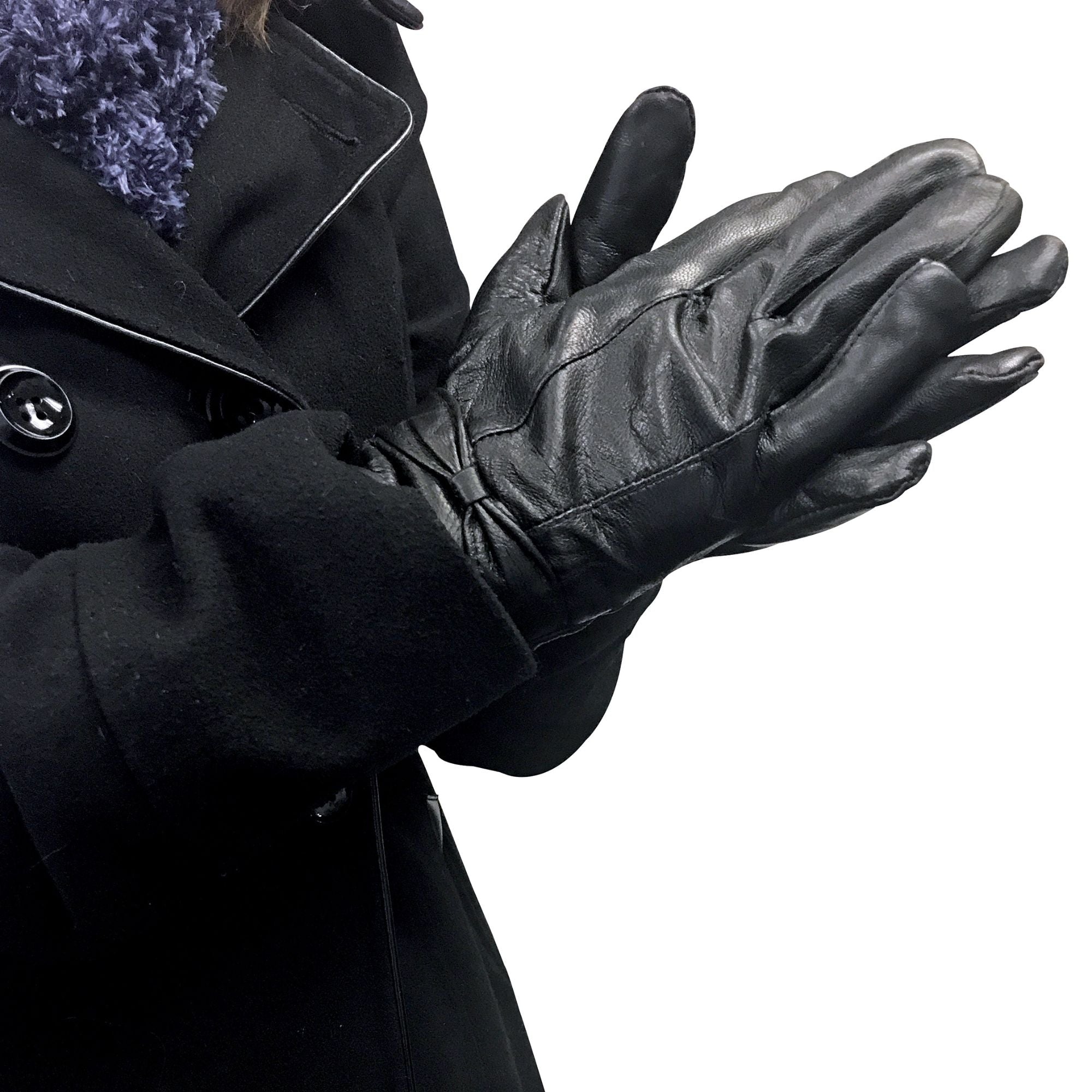 Ladies Fleece Lined Warm Leather Gloves with Bow