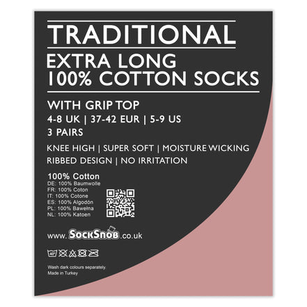 Ladies 3 Pack Knee High 100% Cotton Soft Breathable Socks