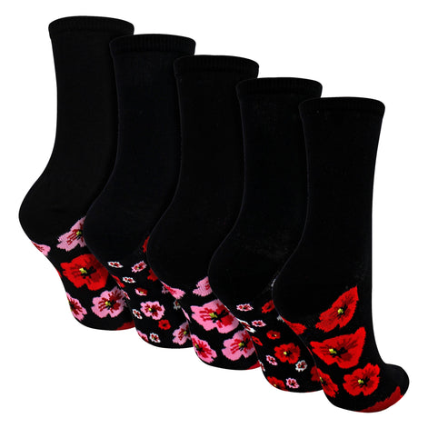 5 Pairs Ladies Poppy Footbed Socks - Soft Cotton Rich Floral Everyday Socks