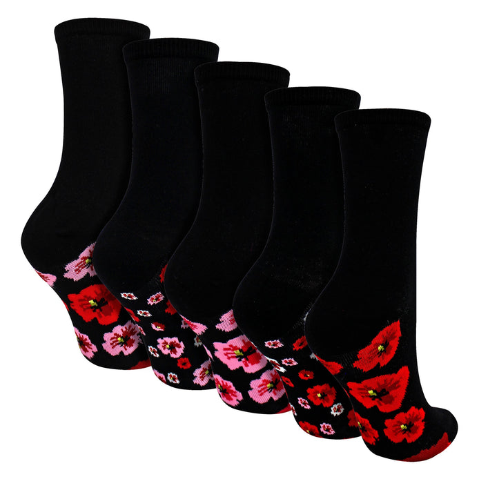 5 Pairs Ladies Poppy Footbed Socks - Soft Cotton Rich Floral Everyday Socks