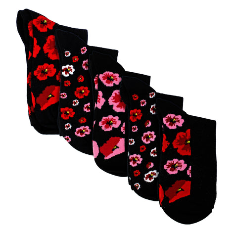 5 Pairs Ladies Poppy Footbed Socks - Soft Cotton Rich Floral Everyday Socks
