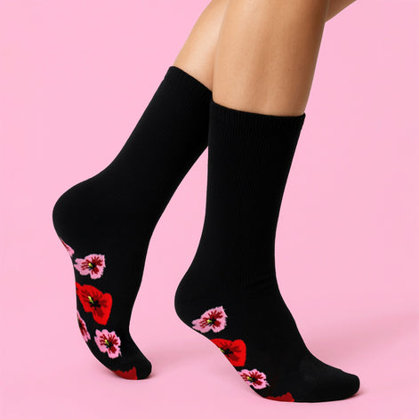 5 Pairs Ladies Poppy Footbed Socks - Soft Cotton Rich Floral Everyday Socks