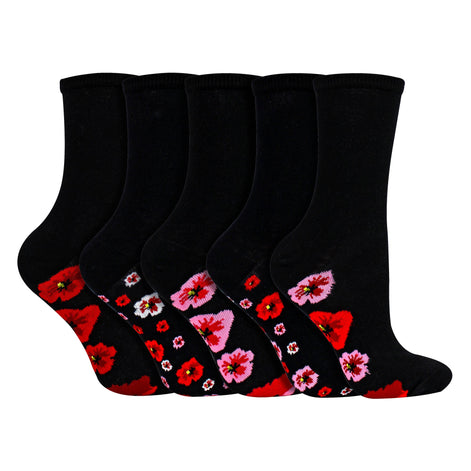 5 Pairs Ladies Poppy Footbed Socks - Soft Cotton Rich Floral Everyday Socks