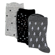 3 Pairs Ladies Stars and Trees Patterned Socks - Soft Cotton Rich Everyday Socks