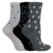 3 Pairs Ladies Stars and Trees Patterned Socks - Soft Cotton Rich Everyday Socks