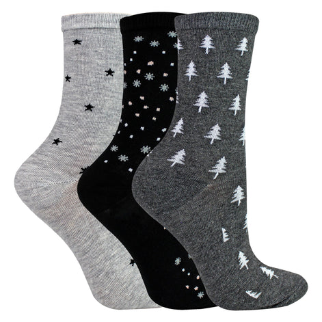 3 Pairs Ladies Stars and Trees Patterned Socks - Soft Cotton Rich Everyday Socks