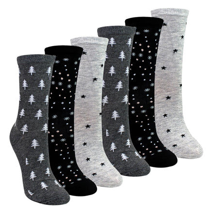 6 Pairs Ladies Stars and Trees Patterned Socks - Soft Cotton Rich Everyday Socks