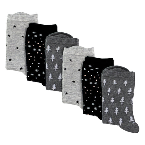 6 Pairs Ladies Stars and Trees Patterned Socks - Soft Cotton Rich Everyday Socks