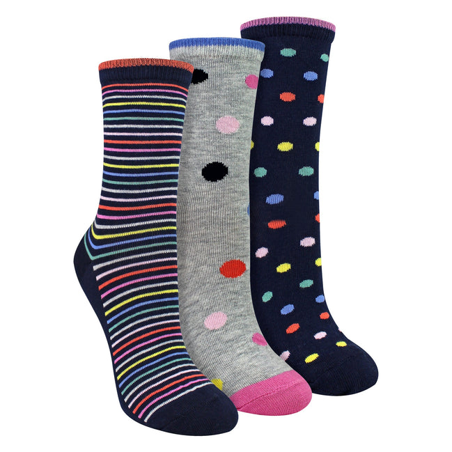 3 Pairs Ladies Spots and Stripe Patterned Socks- Soft Cotton Rich Everyday Socks