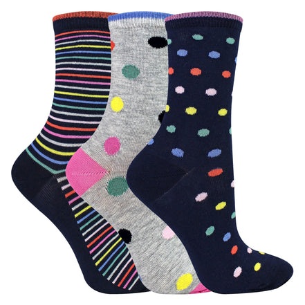 3 Pairs Ladies Spots and Stripe Patterned Socks- Soft Cotton Rich Everyday Socks