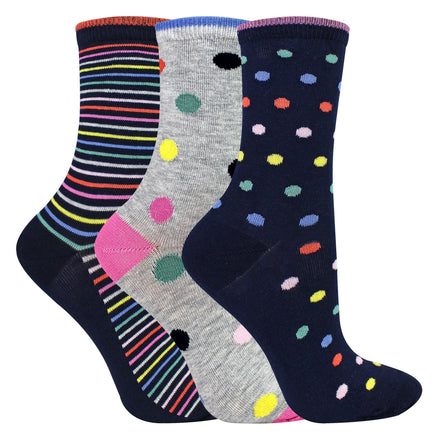 3 Pairs Ladies Spots and Stripe Patterned Socks- Soft Cotton Rich Everyday Socks