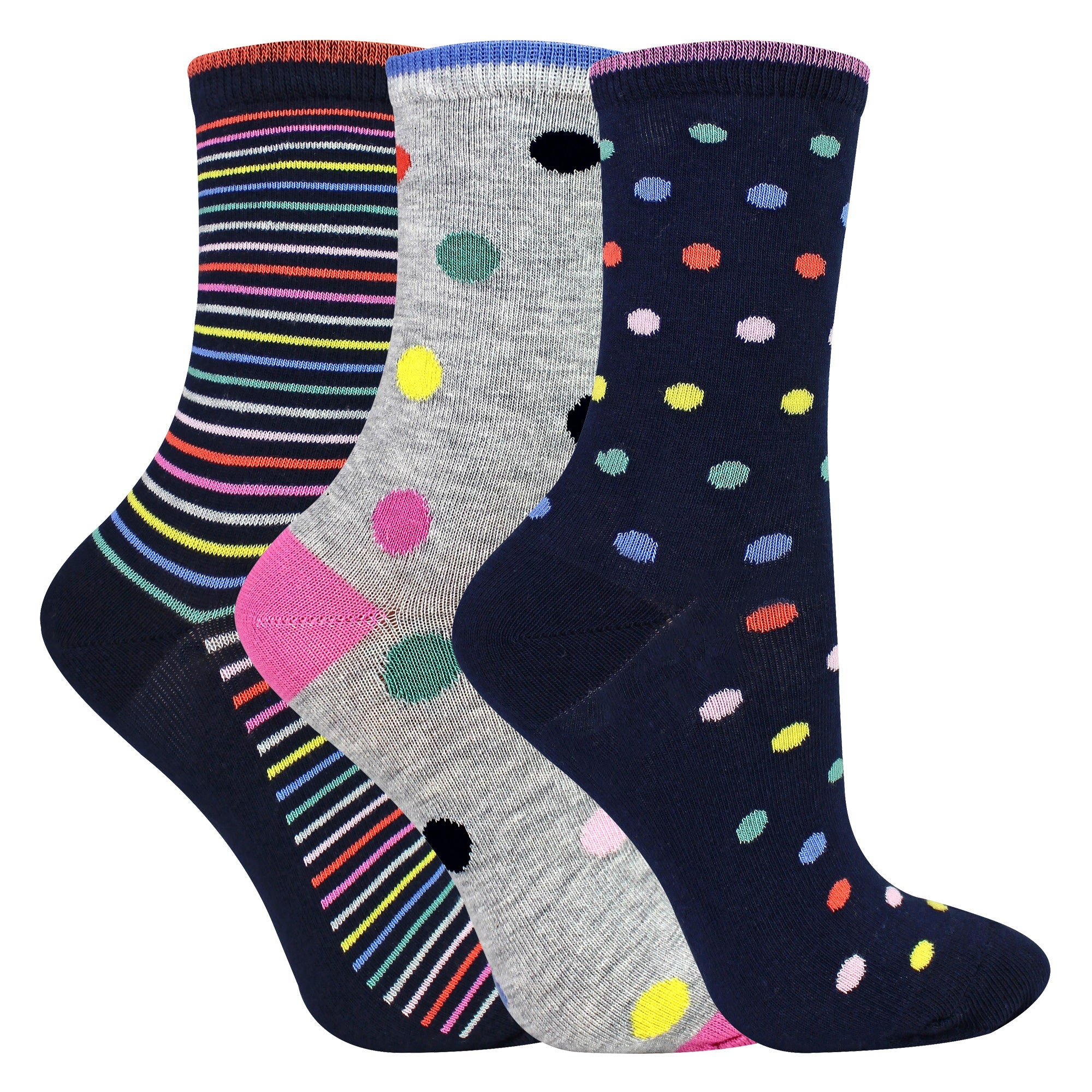 6 Pairs Ladies Spots and Stripe Patterned Socks- Soft Cotton Rich Everyday Socks