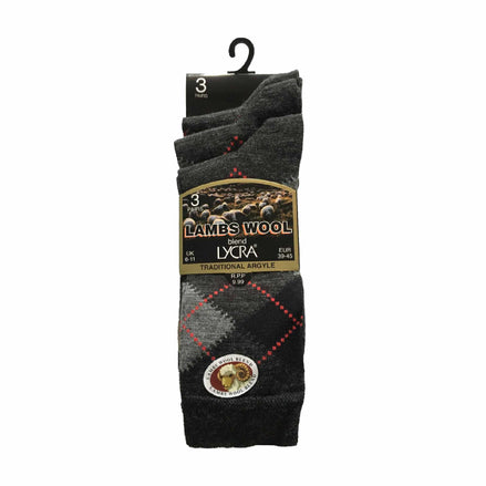 3 Pack Men's Lambs Wool Blend Argyle Socks with Soft Top