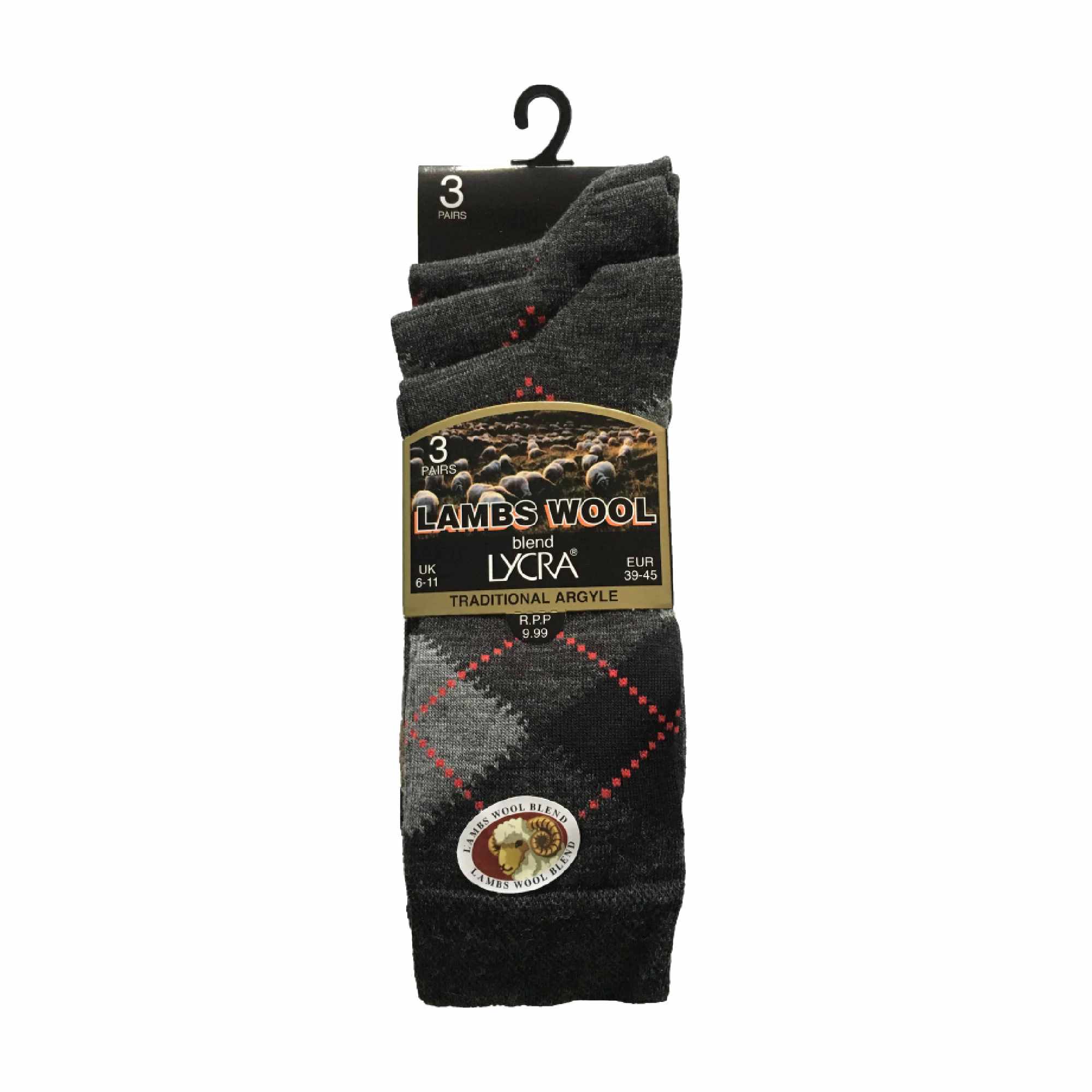 3 Pack Men's Lambs Wool Blend Argyle Socks with Soft Top