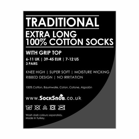 3 Pack Men's Long Knee High Length 100% Cotton Socks