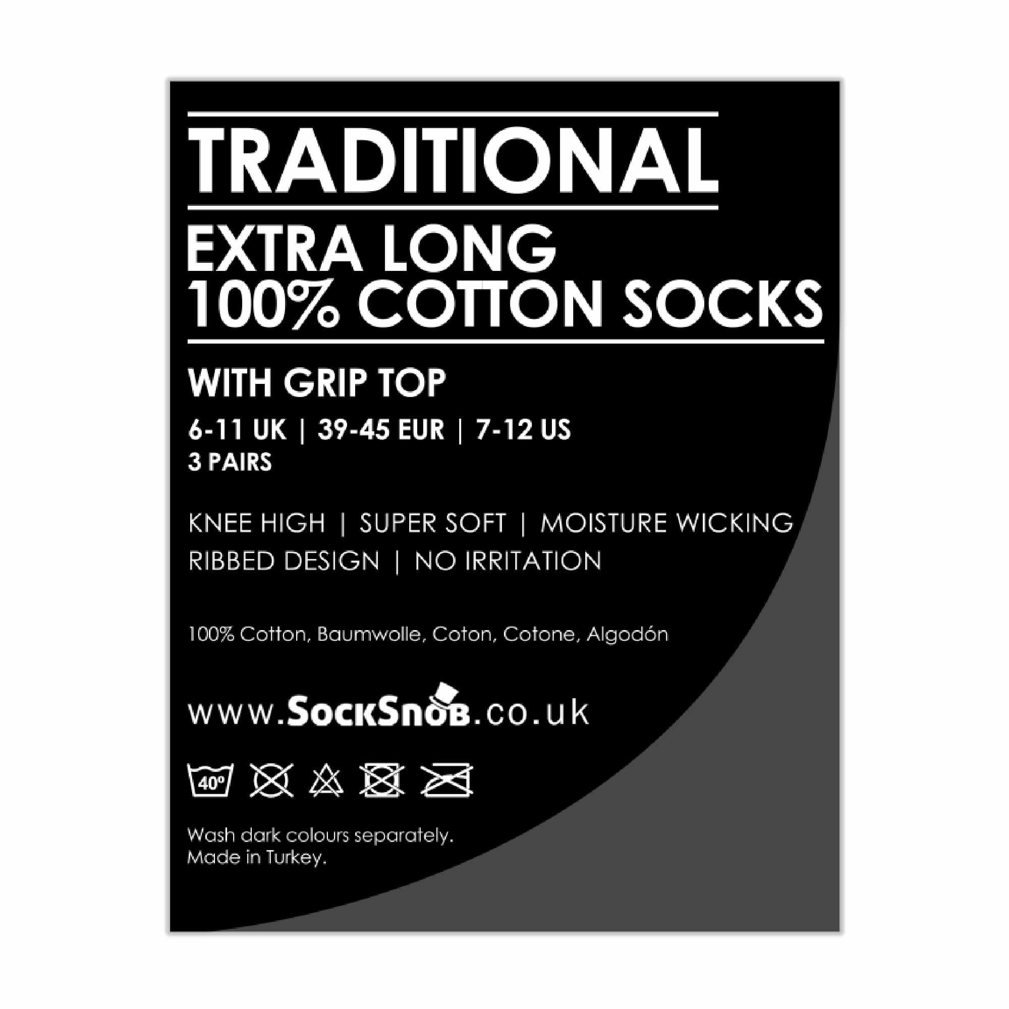 3 Pack Men's Long Knee High Length 100% Cotton Socks
