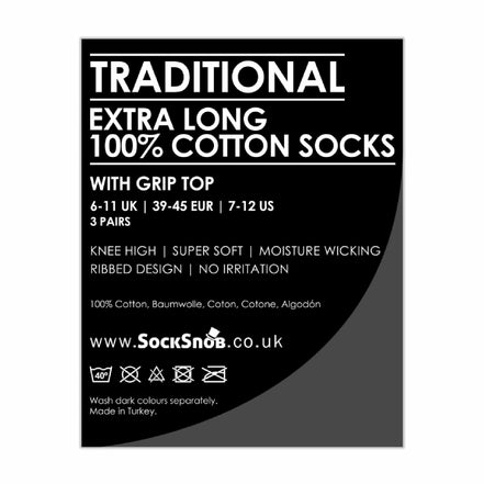 3 Pack Men's Long Knee High Length 100% Cotton Socks