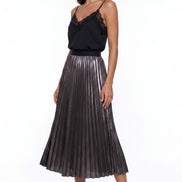 Black Satin Pleated Midi Skirt
