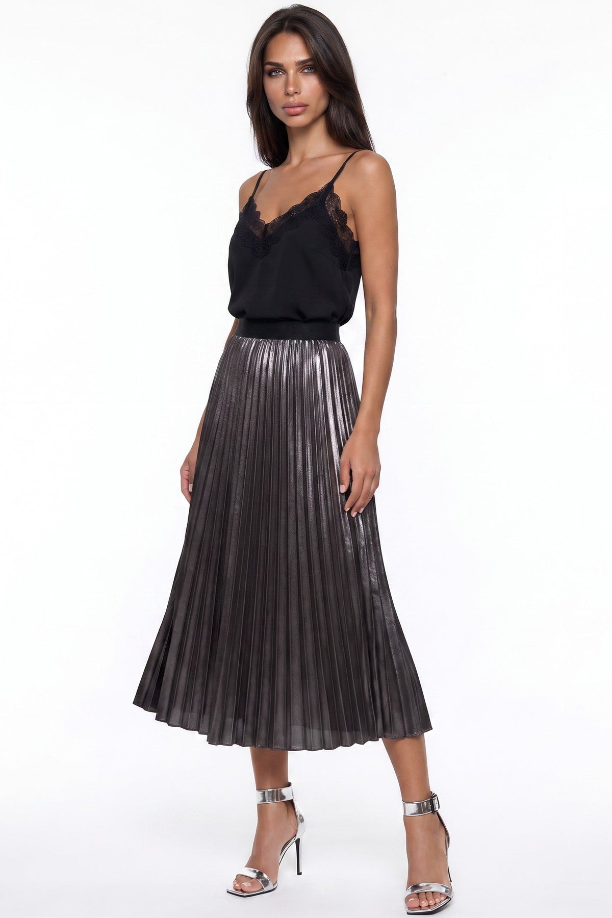 Black Satin Pleated Midi Skirt