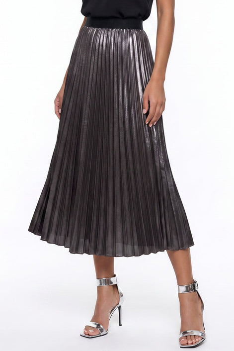 Black Satin Pleated Midi Skirt