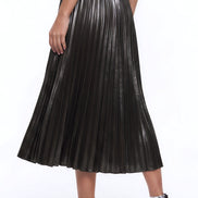 Black Satin Pleated Midi Skirt