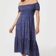 Navy Off‑Shoulder Polka Dot Dress
