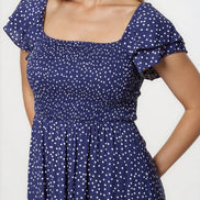 Navy Off‑Shoulder Polka Dot Dress