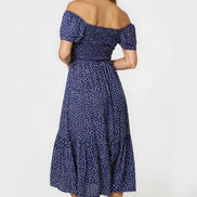 Navy Off‑Shoulder Polka Dot Dress