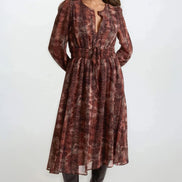 Brown Snake Print Long Sleeve Midi Dress