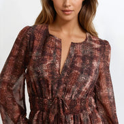 Brown Snake Print Long Sleeve Midi Dress