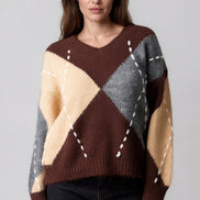 Chocolate Argyle Pattern V Neck Jumper