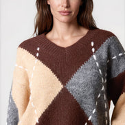 Chocolate Argyle Pattern V Neck Jumper