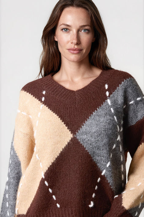 Chocolate Argyle Pattern V Neck Jumper