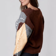 Chocolate Argyle Pattern V Neck Jumper