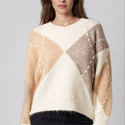 Ivory Argyle Pattern V Neck Jumper