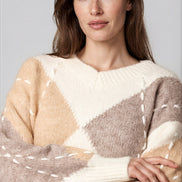 Ivory Argyle Pattern V Neck Jumper