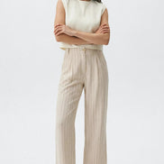 Beige Striped Linen Blend Trousers