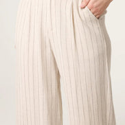 Beige Striped Linen Blend Trousers